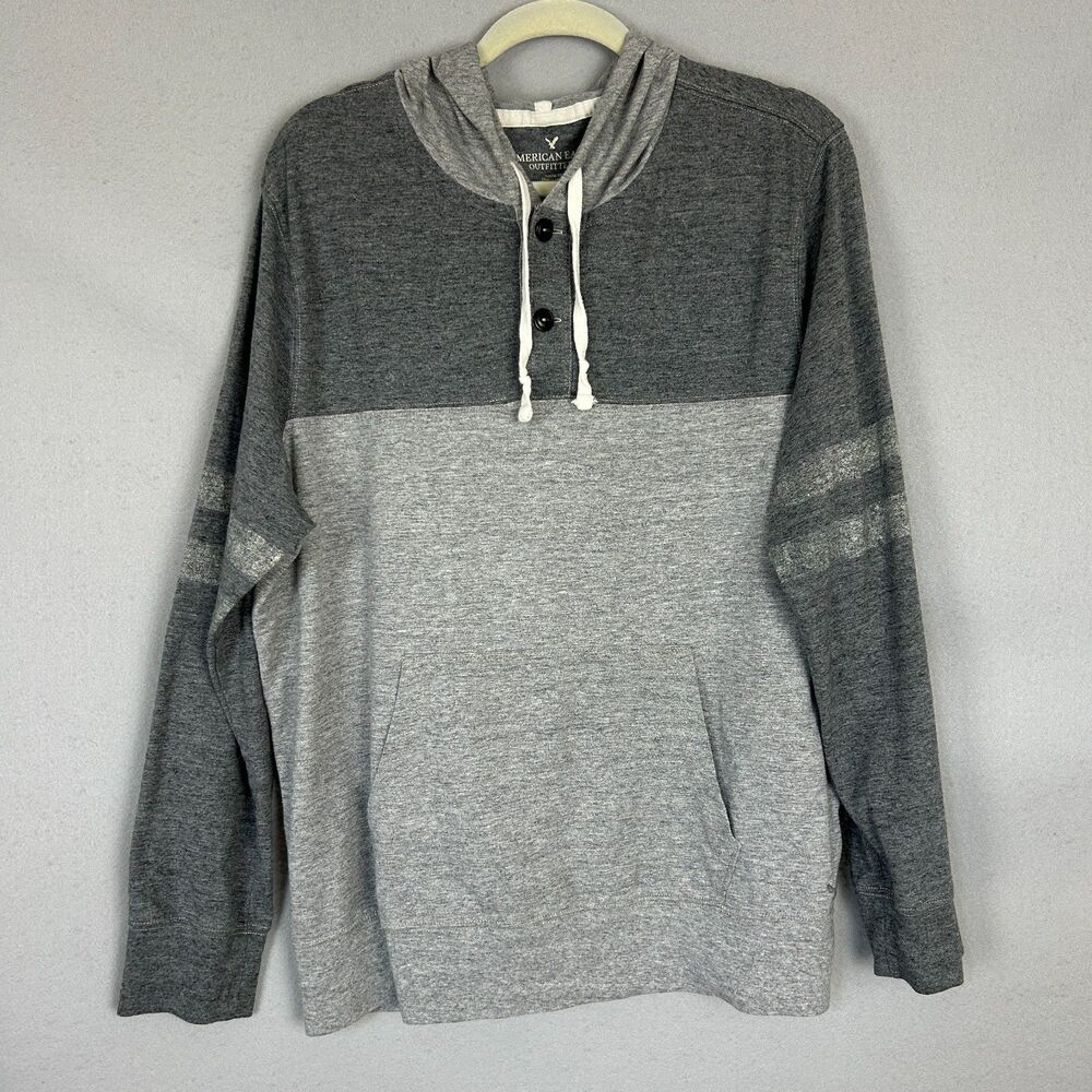 American Eagle Outfitters XL Gray Colorblock Hooded Henley Pullover Sweatshirt